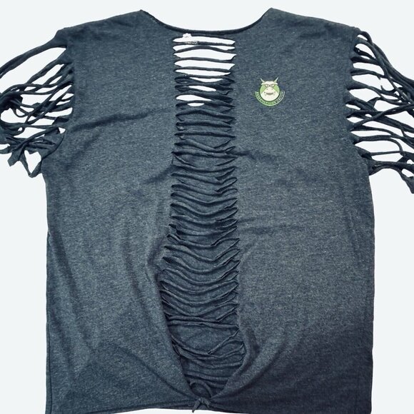 MONSTER RESERVATIONS Fabric Fringe-Cut Top Tee Large Blue/Gray Shredded Back - Picture 8 of 15